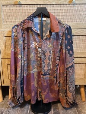 Bluivy Patchwork Paisley Button-Down Shirt - Navy & Brown